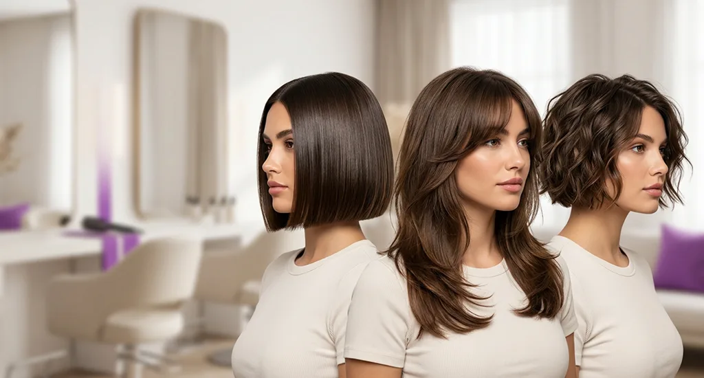 Three women showcasing modern 2026 hairstyles including a sleek blunt bob, long layers with curtain bangs, and a textured wavy bob.