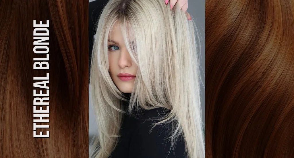 A close-up of a woman with bright, luminous ethereal blonde hair styled with face-framing curtain bangs.