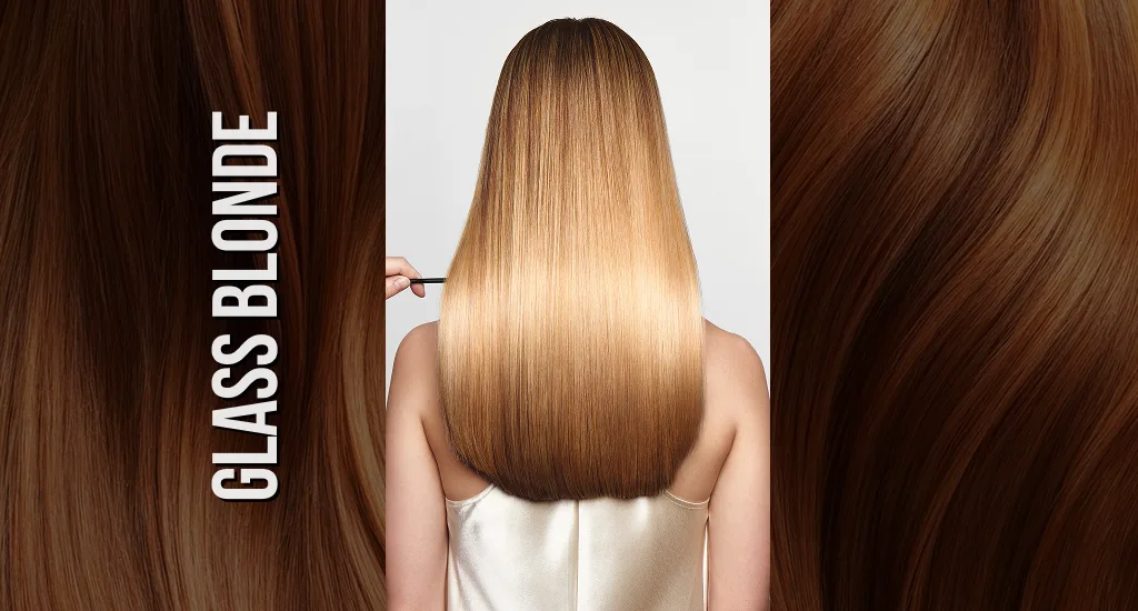 The back view of a woman with long, perfectly straight glass blonde hair showing off a glossy, mirror-like liquid shine.