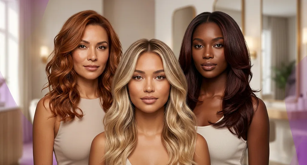 Three women showcasing trending hair colors: a deep auburn copper with soft waves, a dimensional honey blonde, and a rich espresso brunette with face-framing layers.