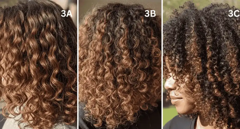 Three-panel comparison chart highlighting different curly hair types labeled with hair texture codes 3A, 3B, and 3C.