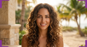 A smiling woman with long, voluminous, sun-kissed brown curly hair poses outdoors in a tropical setting with blurred palm trees and warm sunlight glowing behind her.