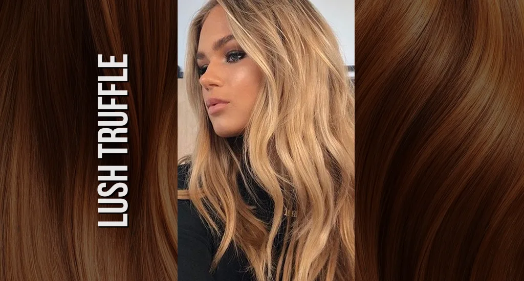 Side profile of a woman with long, wavy honey blonde hair featuring bright face-framing highlights.