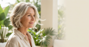 Profile portrait of a smiling woman with wavy, neck-length silver hair. She wears a beige linen shirt against a soft-focus background of lush green garden plants.