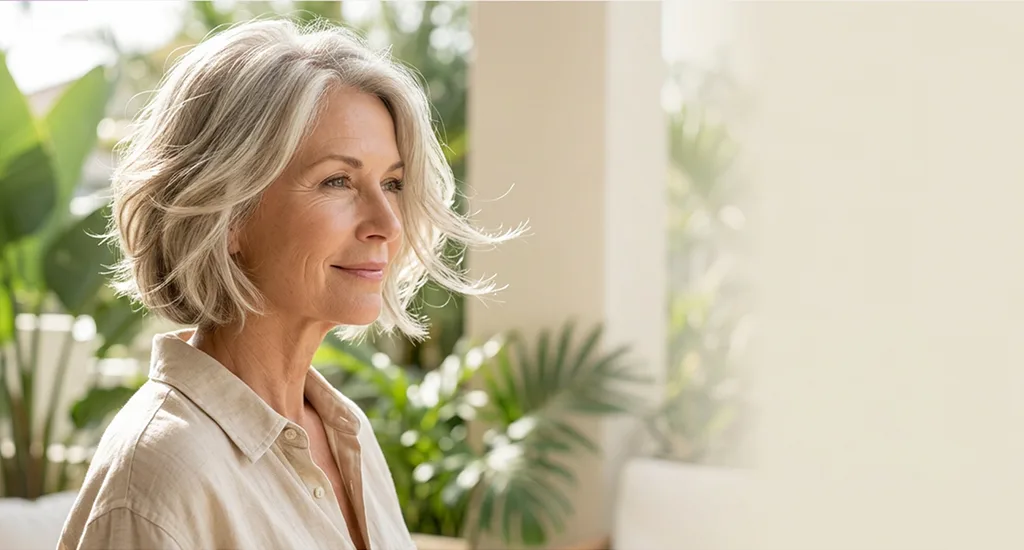 A smiling older woman with elegant, chin-length layered silver hair looking to the side outdoors.