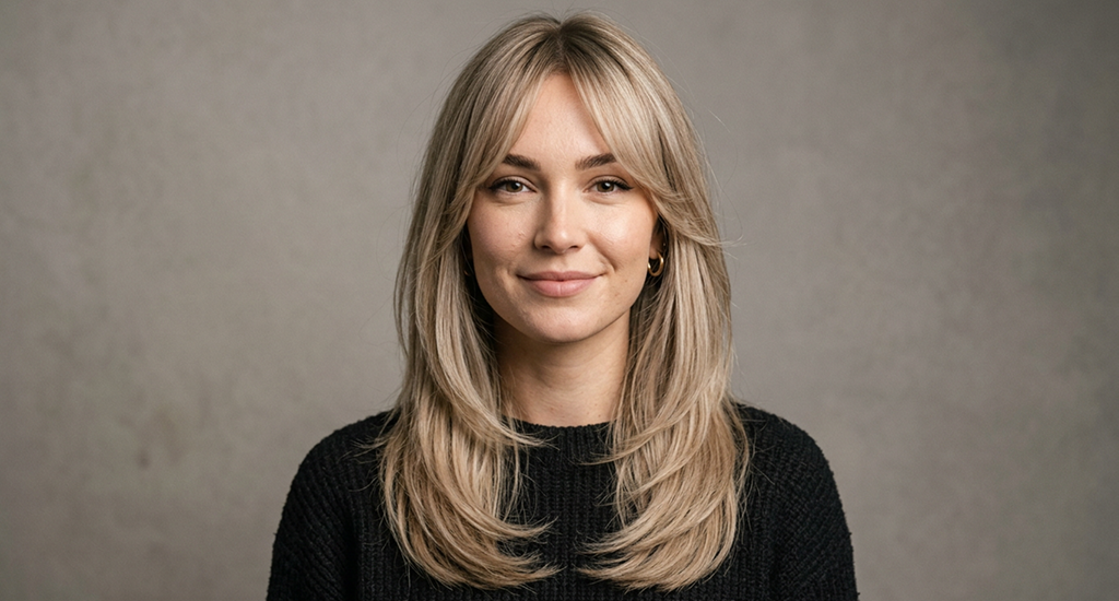 A woman with long layered blonde hair and curtain bangs smiles softly at the camera, wearing a black textured sweater against a neutral gray background.