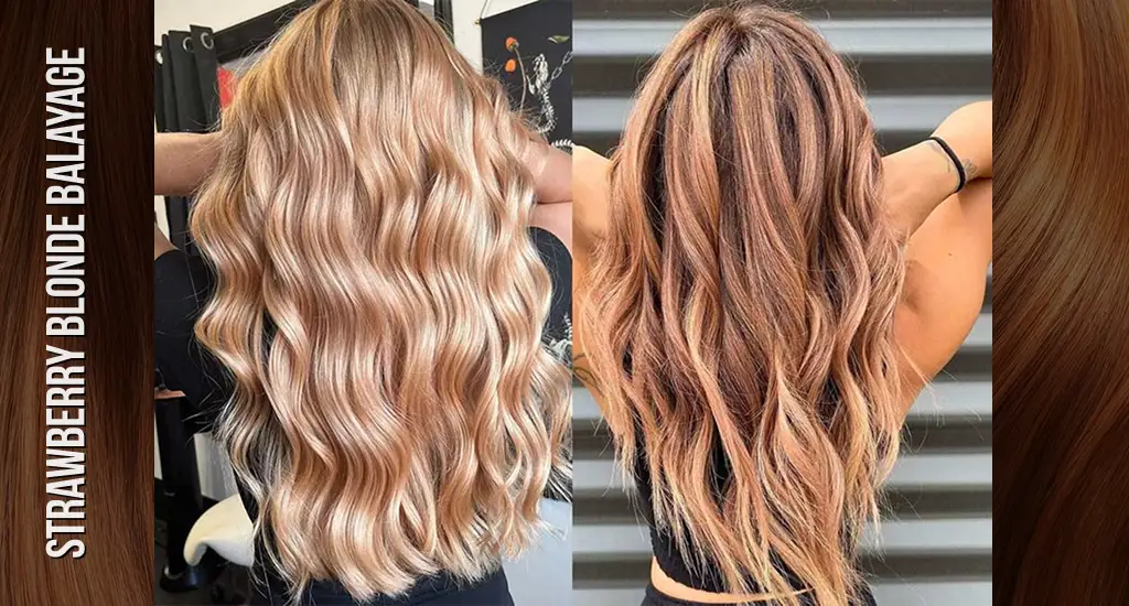Two back-view variations of strawberry blonde balayage styled into long, textured beach waves.