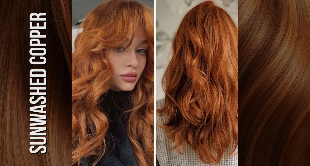 A two-panel showcase of a woman with vibrant, warm sunwashed copper hair styled in voluminous curls with thick curtain bangs.