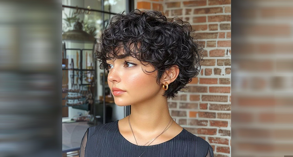A young woman with a short, dark curly pixie cut and gold hoop earrings poses in profile against a brick wall. She wears a black ribbed top and thin necklaces.