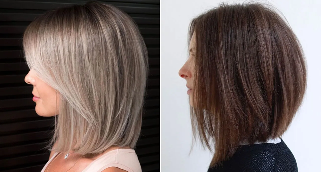 Side-by-side profile view of two medium-length bob haircuts. Left: ash blonde with long face-framing layers. Right: dark brunette with a textured, stacked back.