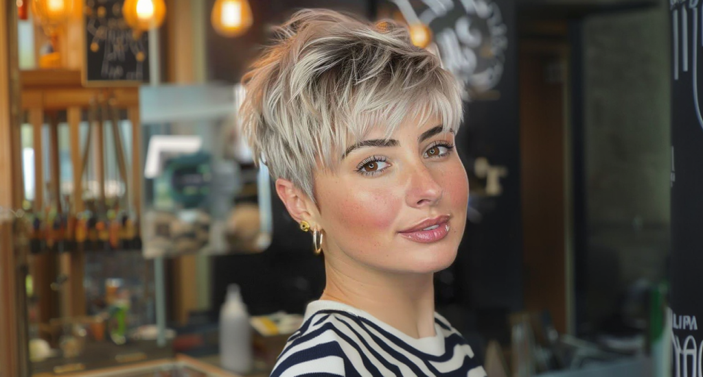 A woman with a stylish, textured ash-blonde pixie cut smiles softly. She wears a navy striped shirt and gold hoop earrings against a blurred cafe background.