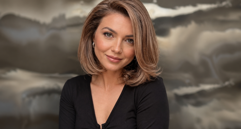 A woman with a styled, shoulder-length brunette bob and subtle highlights smiles warmly. She wears a black V-neck top against a soft, abstract grey background.