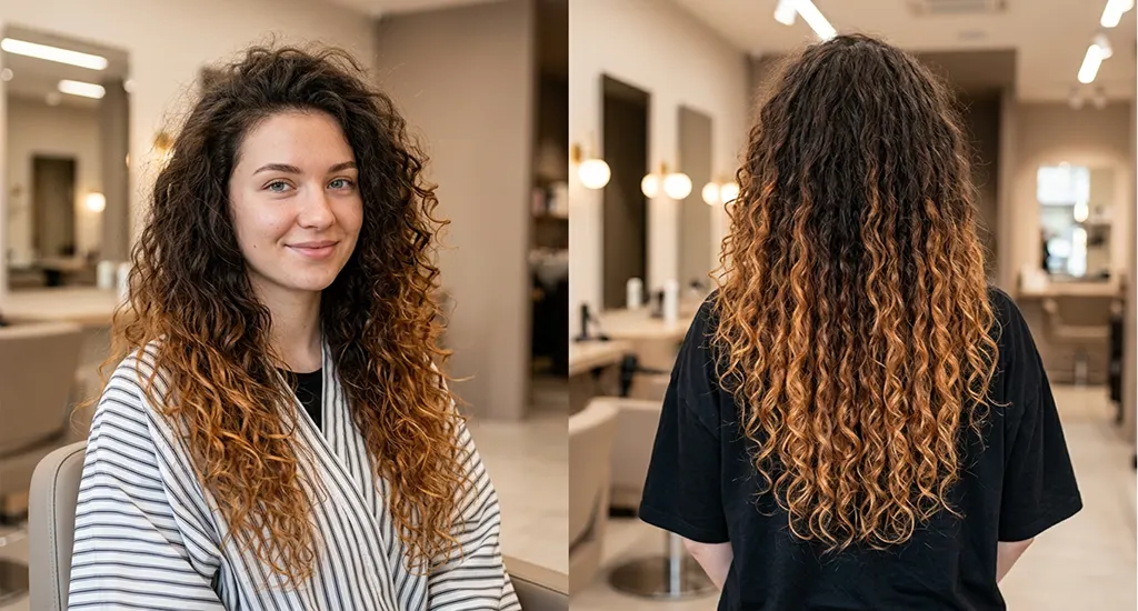 A side-by-side comparison of a woman with long curly brown hair showing frizzy waves on the left versus smooth, defined, glossy curls on the right.
