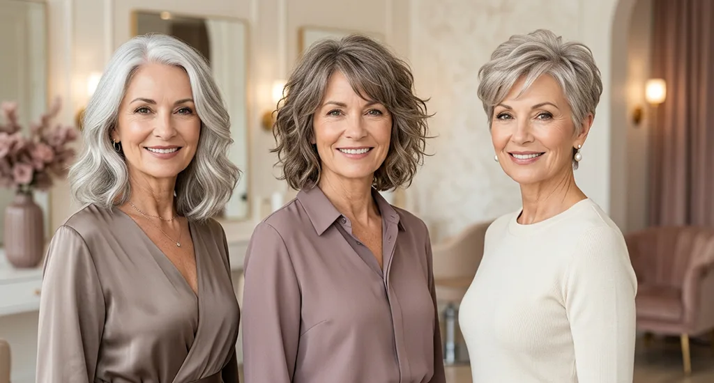 Three elegant mature women showcasing classic hairstyles: a wavy silver shoulder-length midi cut, a salt-and-pepper shaggy bob, and a textured silver pixie cut.