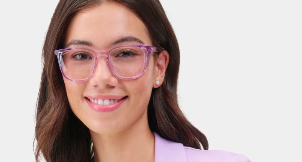 Hairstyle maintenance showcasing a woman with a side-swept haircut and glasses that complement a diamond face shape