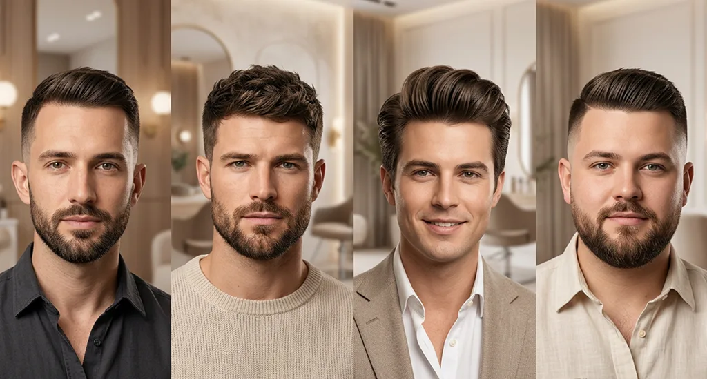 A split banner showcasing four men with different face shapes wearing popular hairstyles like a textured side part, a messy crop, a voluminous pompadour, and a clean skin fade side part.