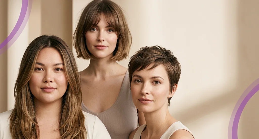 Three women showcasing different flattering hairstyles including long layers with a center part, a textured pixie cut, and a classic bob with full bangs.
