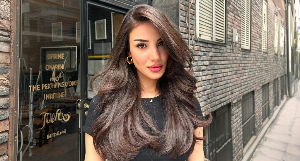 Hairstyle maintenance showcasing a woman with long, voluminous layered blowout waves that complement an oblong face shape.