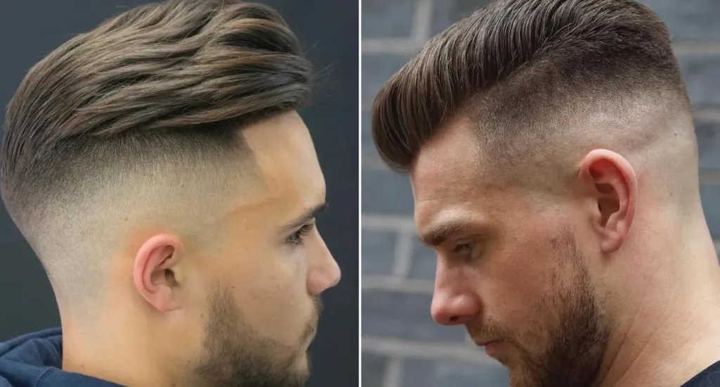 Two side-profile examples of high skin fades on men: one styled into a swept-back pompadour and the other featured with a structured comb-over.
