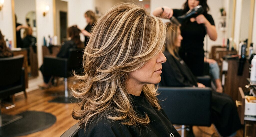 Side profile of a woman in a salon showcasing a medium-length, layered blonde hairstyle with heavy highlights and voluminous, feathered waves around her face.