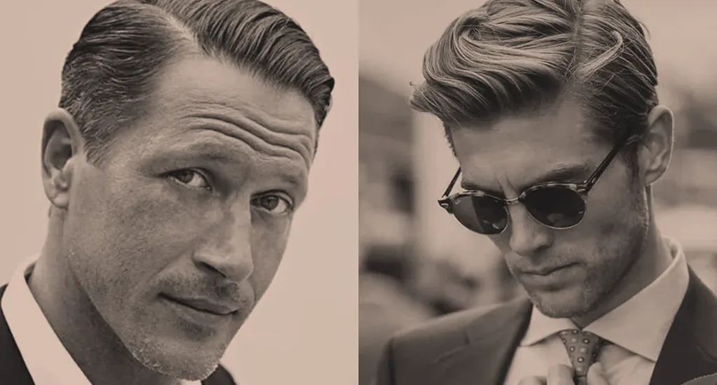 Two refined examples of classic men's side part haircuts, showing a traditional slicked-back style and a modern textured side part paired with sunglasses and a suit.