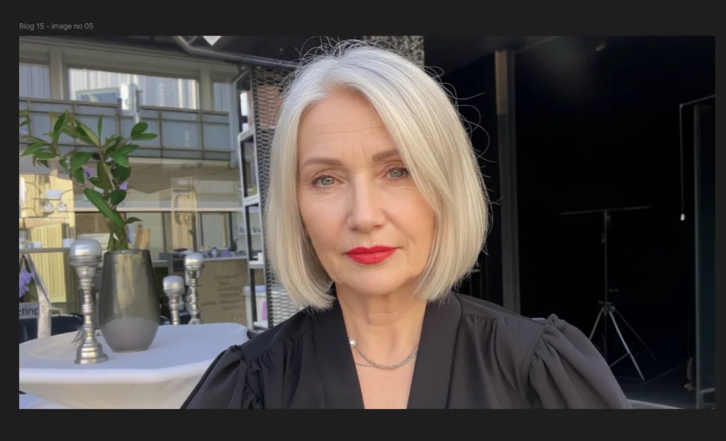 A mature woman with a sophisticated, straight silver blunt bob cut neatly at the jawline, styled with bright red lipstick.