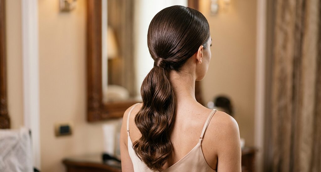 Rear-view of a woman with dark brunette hair in a sleek, low ponytail. The hair is styled in glossy, uniform Hollywood waves and wrapped at the base for a polished look.