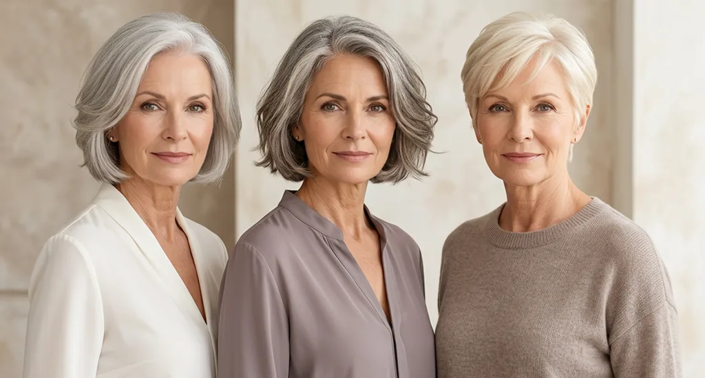 Three mature women displaying stylish silver and gray short hairstyles including a bob and pixie cut.