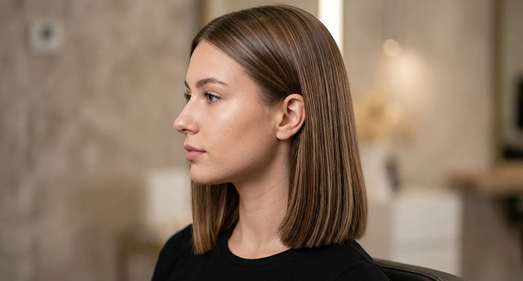 Side profile of a woman showcasing a sleek, straight brown blunt lob haircut that sits neatly near the collarbone.