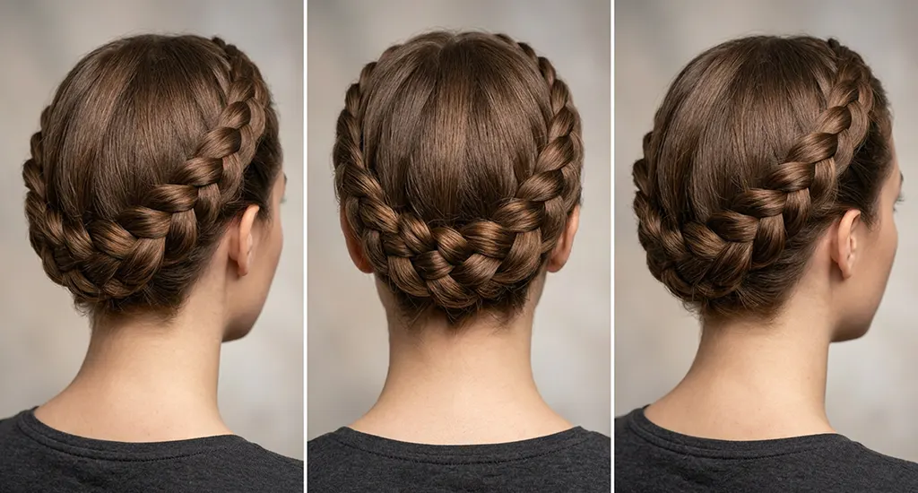 Three back angles of a woman with smooth brown hair styled into an elegant milkmaid braided crown updo.
