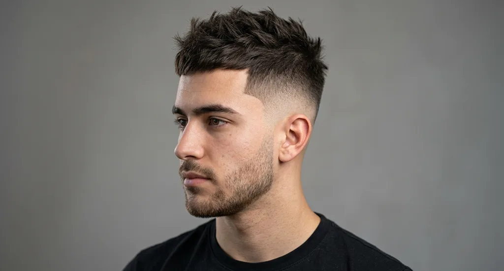 A man getting a classic crew cut with a high fade from a barber wearing black gloves in a styling studio.