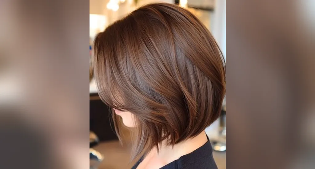 Side view of a brunette layered bob hairstyle with soft dimensional movement and volume.