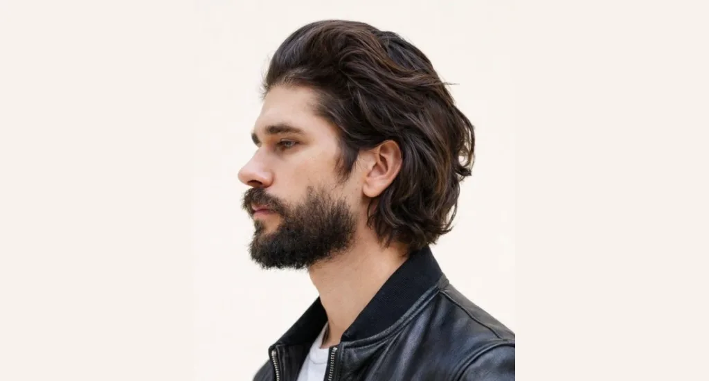 A profile shot of a man with a dark brown long wavy flow haircut reaching past his ears, styled back neatly with a full beard.
