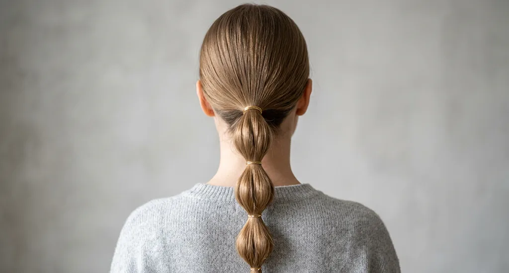 Back view of a woman with straight light brown hair styled into a neat low bubble ponytail with gold elastics.