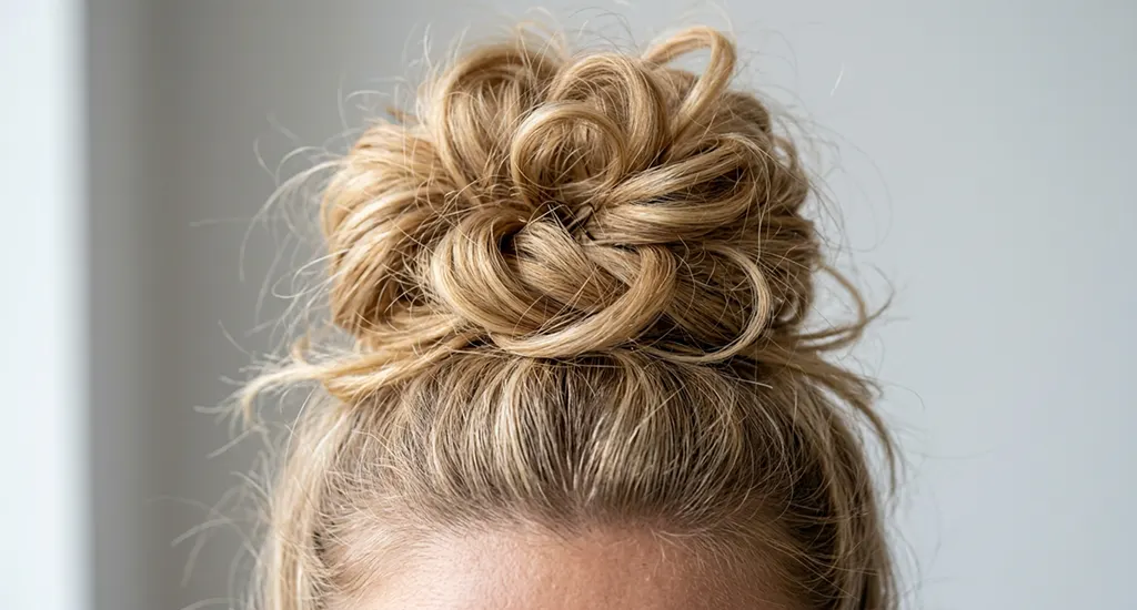 Close-up view of a woman's textured, voluminous messy top knot bun on blonde hair.