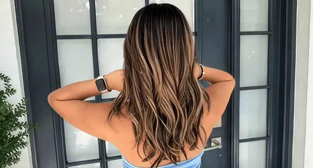 Back view of a woman with long wavy brown hair featuring soft hand painted honey blonde balayage highlights.