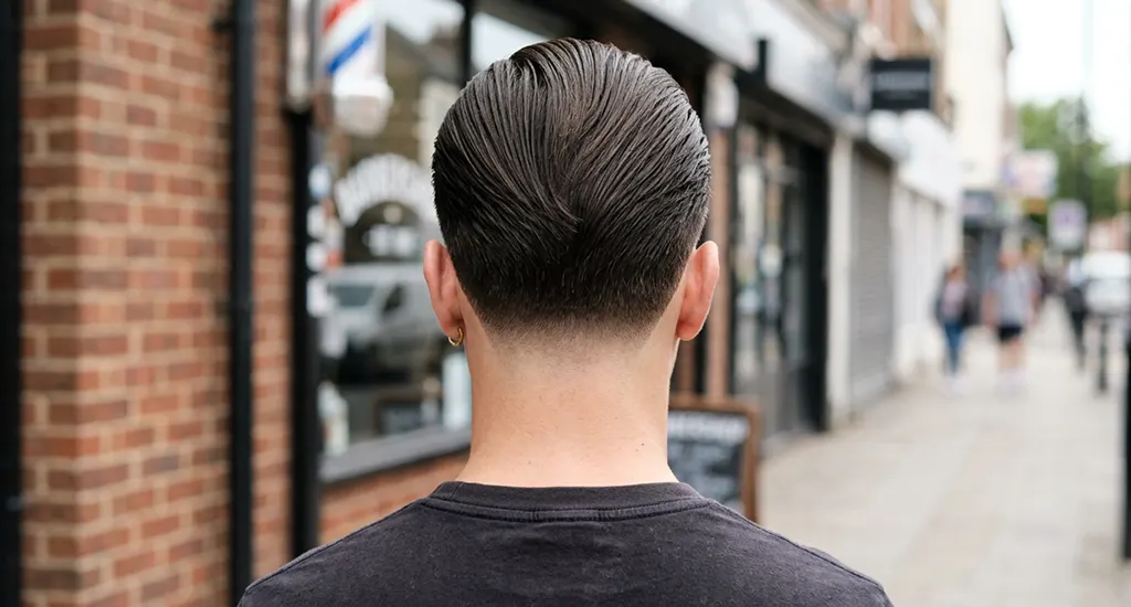 Rear view of a man's head showing a sleek, neatly combed slick back haircut with a clean tapered neckline.