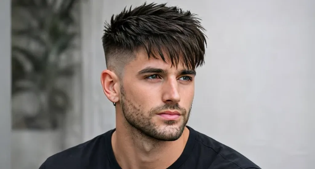A man with a high skin fade and a textured crop on top, featuring a forward-falling messy straight fringe.