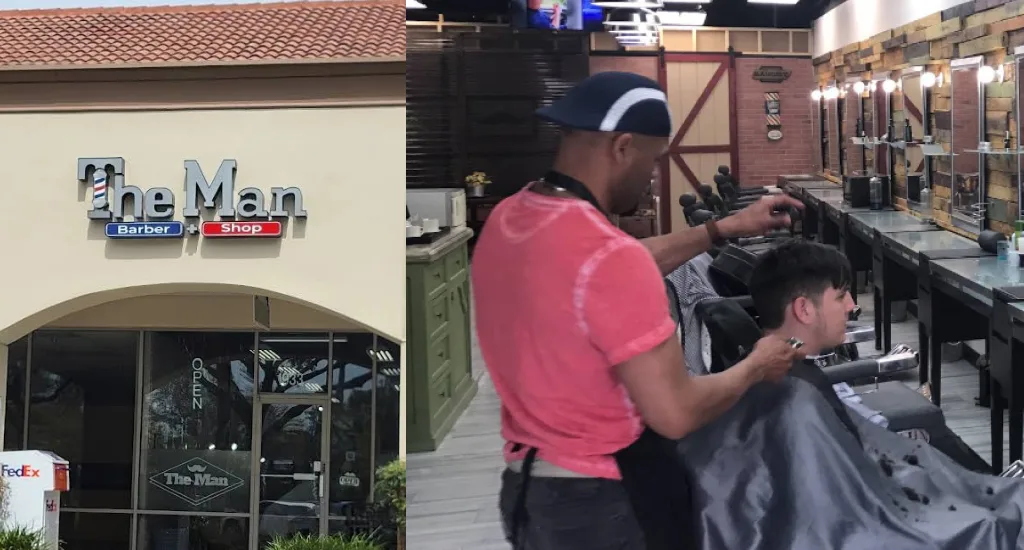 Split image showing the storefront sign of The Man Barber Shop and a barber cutting a man's hair inside the styling area.
