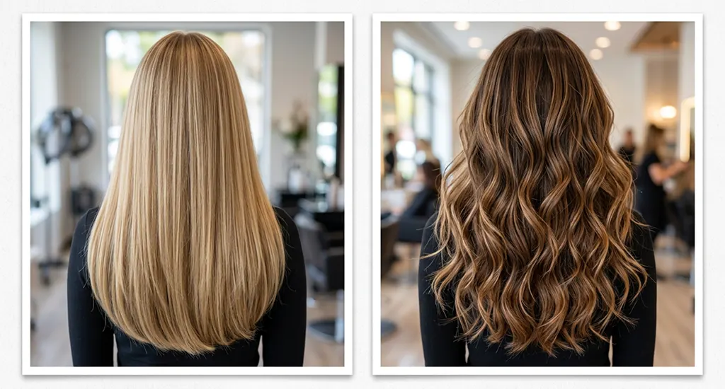 Two side-by-side back views comparing a sleek blonde U-cut and a wavy brunette V-cut on long, thick hair.