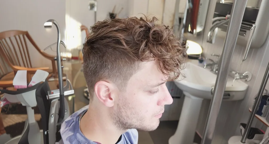 A side profile of a man with a dark brown wavy undercut haircut, showing clean shaved sides contrasted with thick, layered flow on top.