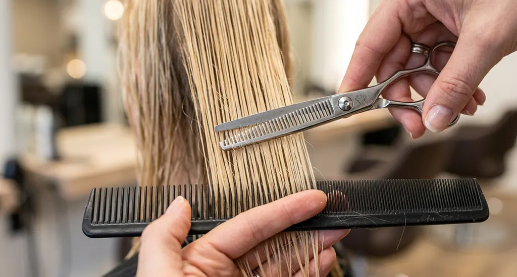 Close-up view of a stylist using texturizing shears on a neat section of straight, damp blonde hair.